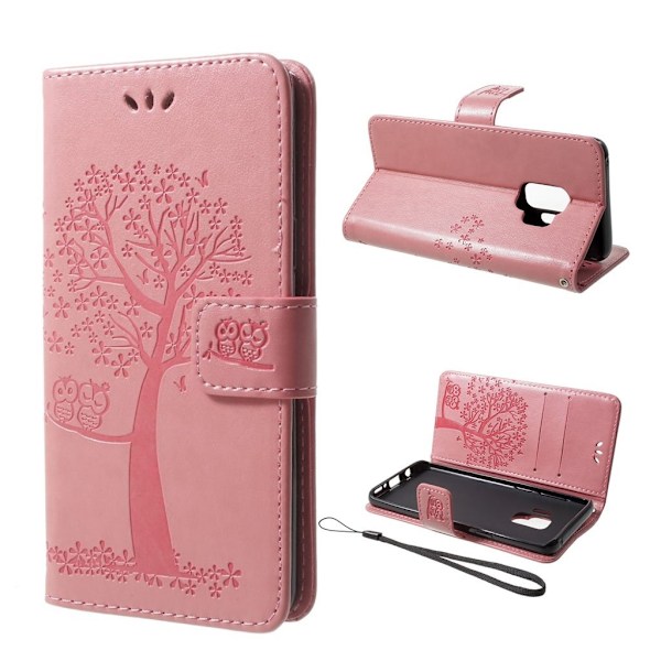 Samsung Galaxy S9 stemplet Træ ugle PU læder flip etui - Pink Pink