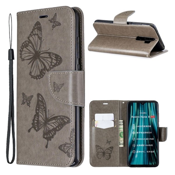 Butterfly läder Xiaomi Redmi Note 8 Pro fodral - Silver/Grå Silvergrå