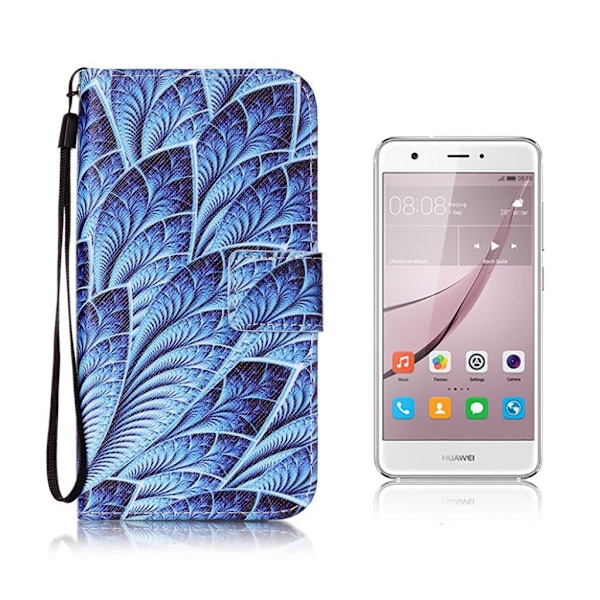 Huawei Nova etui av lær m. stropp - Unike løv Blue