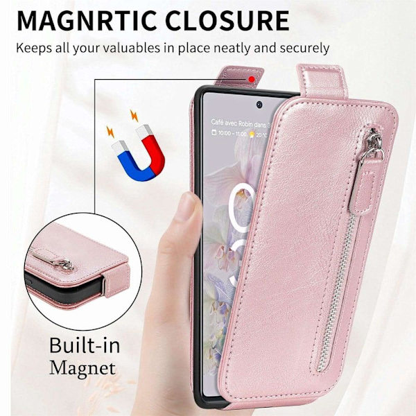 Vertical Flip Phone Suojakotelo With Zipper For Google Pixel 6a - Ruusukulta Pink