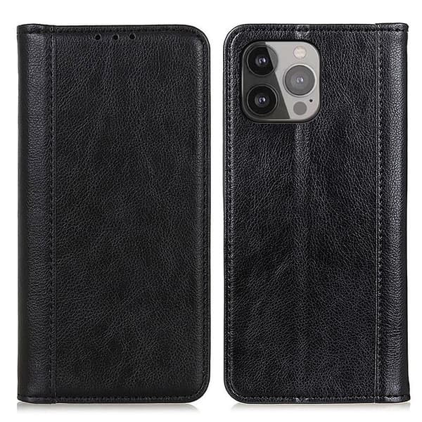 iPhone 13 Pro Max ægte læderetui med magnetisk lukning - Sort Black