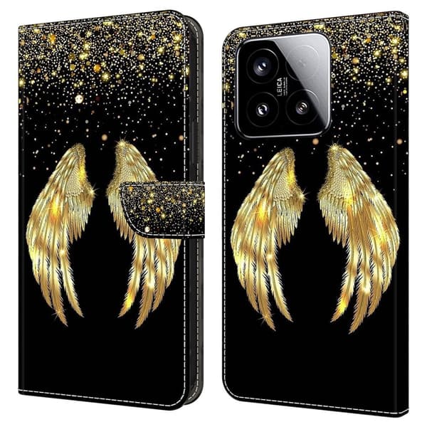 Xiaomi 15 Case 3D Pattern Vegansk Læder Wallet Phone Cover with Stand - Guldvinge Gold