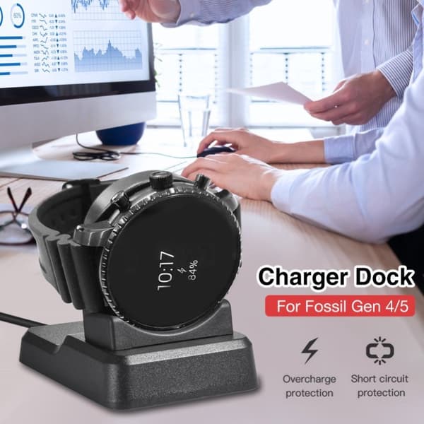 Square base laddningsdocka with 1M USB kabel för Fossil and Misfit watch Svart