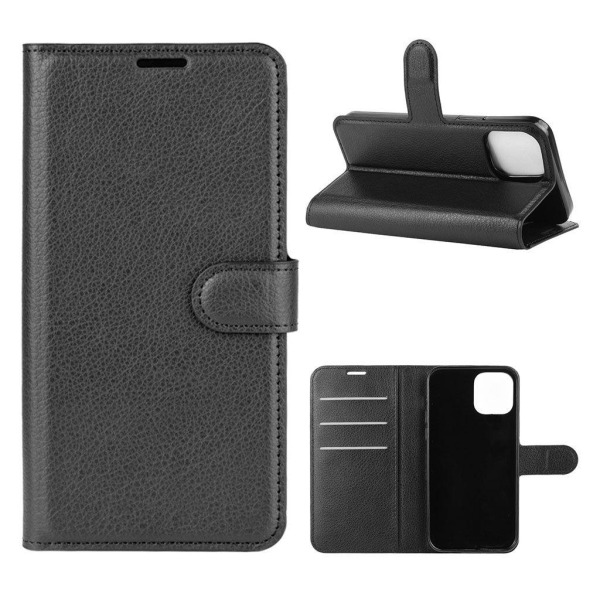 Litchi Texture Leather Wallet Shell Stand Phone Case iPhone 12 P Black
