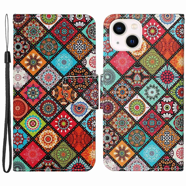 Wonderland iPhone 14 flip etui - Etnisk Stil Multicolor