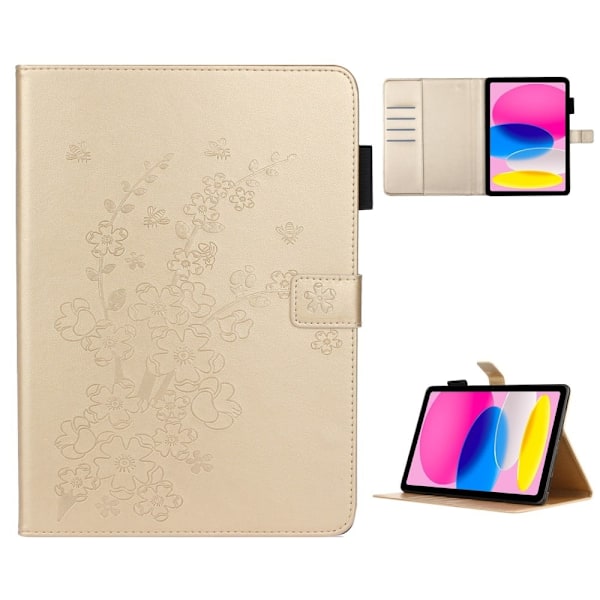iPad 10.9 (2022) / iPad 10th Gen Påtrykt blomme-blomstermønster Visning Stand Shell Wallet Design Vegansk læder Stødabsorberende tablet etui med penne Gold