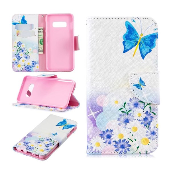 Samsung Galaxy S10e kuosillinen nahkainen flip suojakotelo - Sininen Perhoset Blue