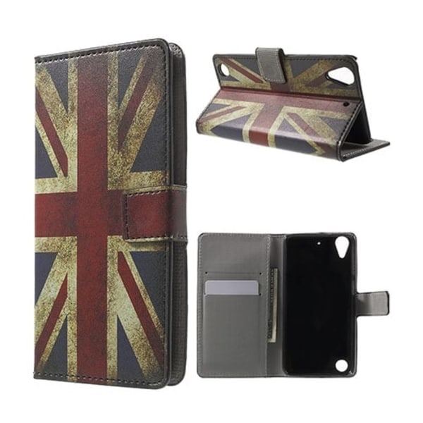 Holberg læder-etui til HTC Desire 530 med kortholder og stander - Gammeldags engelsk flag Multicolor