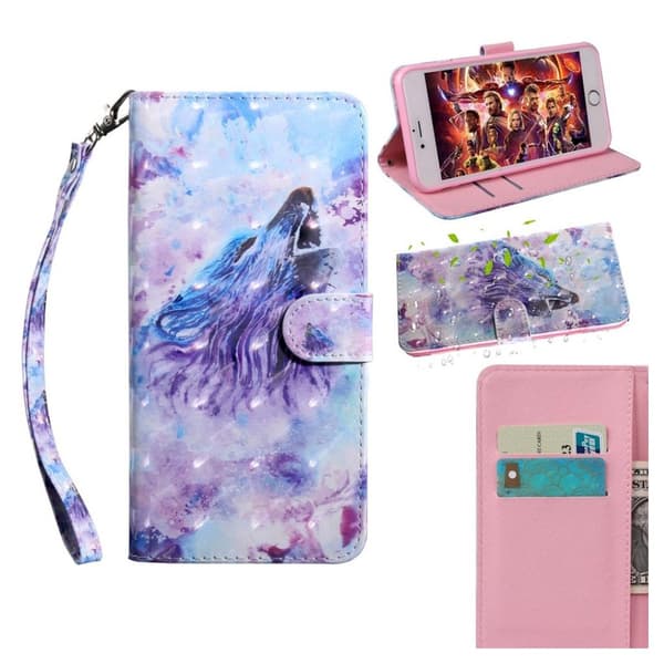 Huawei P Smart 2019 lysspot dekoreret læder flip etui - Hylende Ulv Multicolor