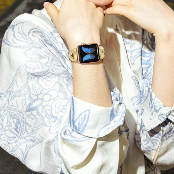 Apple Watch Series 8 (41mm) perhonen strassikivikoristeinen kelloranneke - Kulta Gold