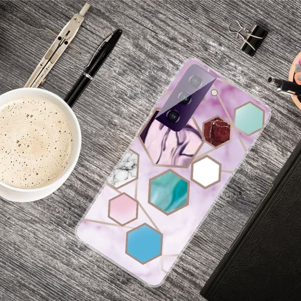 Marble Samsung Galaxy S21 FE Etui - Sekskant Fragments i Lilla Multicolor