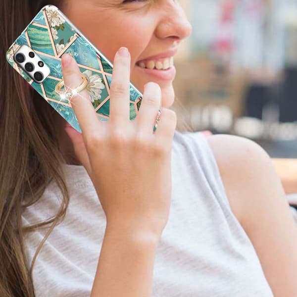 Marble Mønstret Deksel med Ring Holder til Samsung Galaxy M32 5G / A32 5g - Blåe Blomster Blue