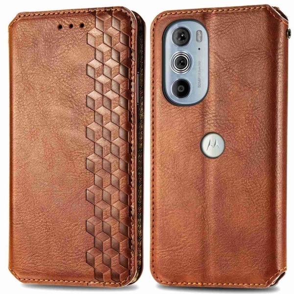 Nahkakotelo With A Stylish Rhombus Imprint For Motorola Edge 30 Pro - Ruskea Brown