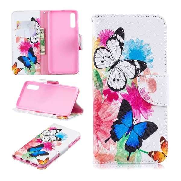 Samsung Galaxy A50 mønster læder etui - Sommerfugle og Blomster Multicolor