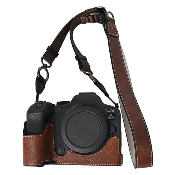 Canon EOS R6 Mark II / R6 / R5 Camera Case with Shoulder Strap Large Cutout Litchi Texture PU Protective Cover - Coffee Brown