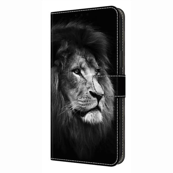 iPhone 16 Pro Max Etui med pung Mønster print Stand Leather Flip Phone Cover - Løve Silver grey