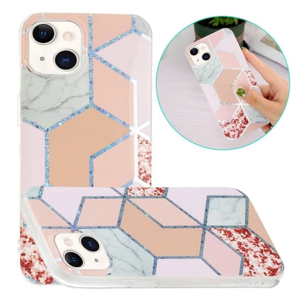 Marble iPhone 14 Etui - Rosa / Rhombus Multicolor