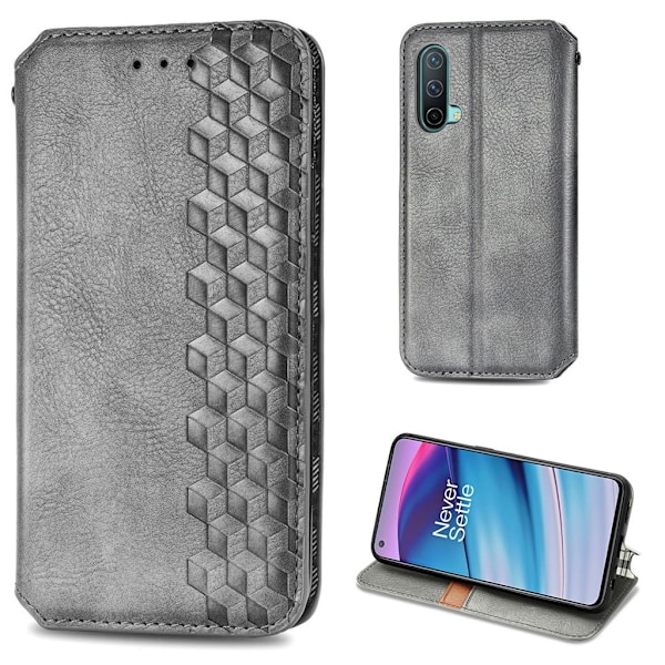 Läder OnePlus Nord CE 5G fodral med romb-design - Silver/Grå Silvergrå