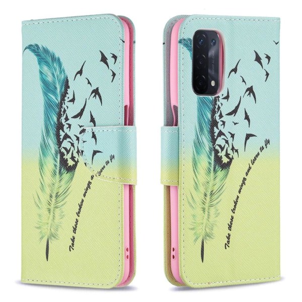 Wonderland Oppo A54 5G / A74 5g / A93 5g Läppäkotelo - Feather / Lintu Pattern Green