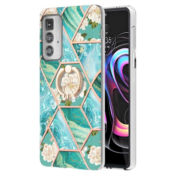 Marble Patterned Suojakuori With Ring Holder For Motorola Edge 20 Pro - Blue Flowers Blue