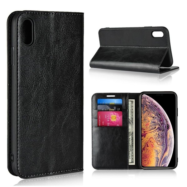 iPhone Xs Max Plånboks mobilfodral av äkta läder med vildhäst textur och kort samt sedel plats - Svart Svart