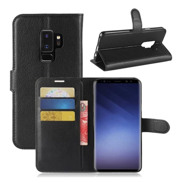 Samsung Galaxy S9 Plus litchi skin PU læder flip etui - Sort Black