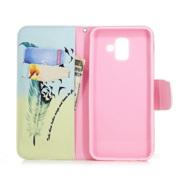 Samsung Galaxy A6 læder flip cover med mønsterprint - Quill Pen Og Fugle Multicolor