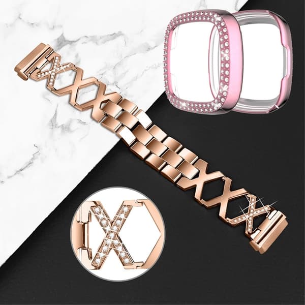 Fitbit Sense / Versa 3 X-formet klokkerem med rhinestone-dekorasjon og rosa deksel - Rose Gull Pink