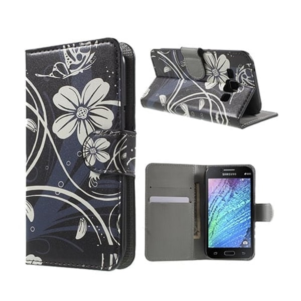 Moberg Samsung Galaxy J1 Læder Etui Med Stander Og  Kortholder - Hvide Blomster Multicolor