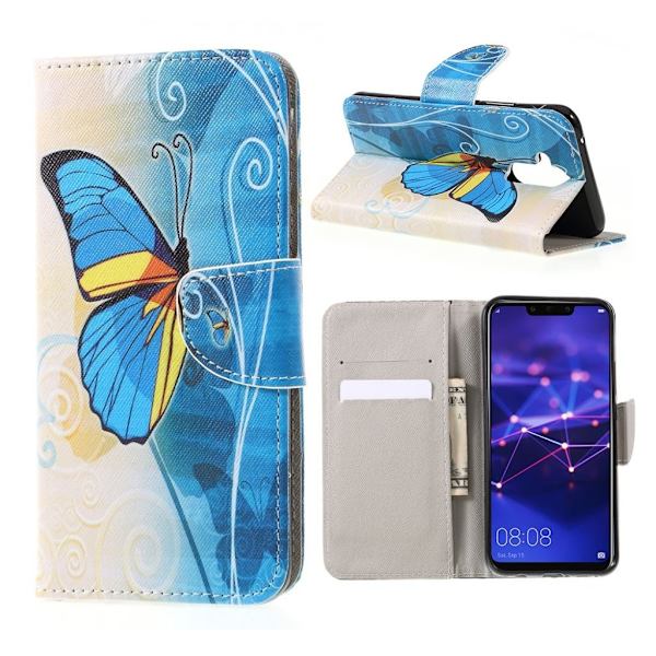 Huawei Mate 20 Lite ristikko pintainen synteetti nahkainen lompakko kotelo kuviolla - Sininen Perhonen Blue