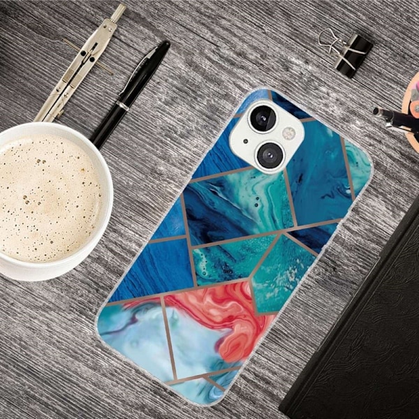 Marmormotiv iPhone 14 skal - Blå Och Orange Marmor multifärg