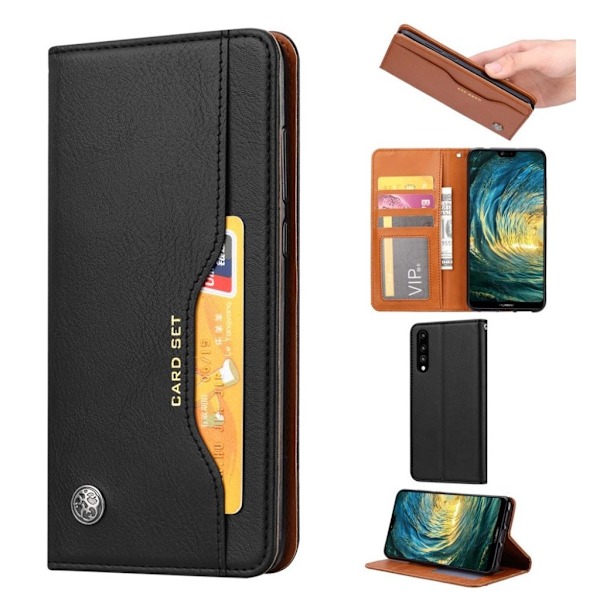 Huawei P20 auto-absorberende PU læder flip etui - Sort Black