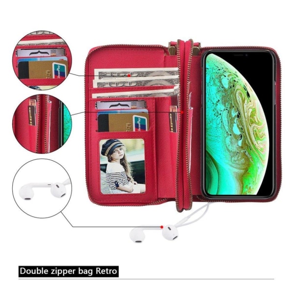 Zipper läder iPhone Xs Max fodral med plånbok - Röd Röd