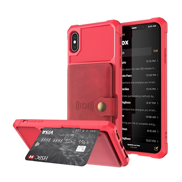 iPhone Xs Max muovinen takasuoja kuori synteetti nahka lompakolla ja magneetilla - Punainen Red