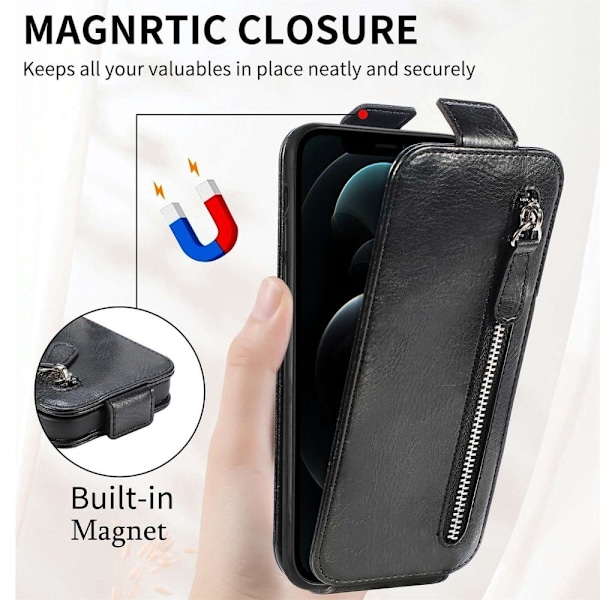 Vertical Flip Phone Suojakotelo With Zipper For iPhone 12 / 12 Pro - Musta Black