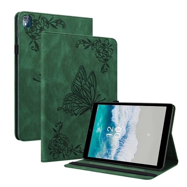 Läderfodral med fjärilsblommönster för Nokia T10 (2022) - Grön Grön