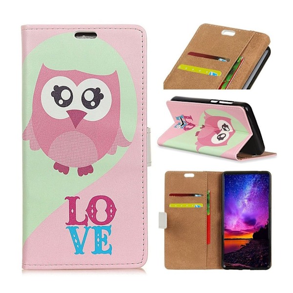 Sony Xperia 10 mønster læder etui - LOVE mønster og Pink Ugle Multicolor