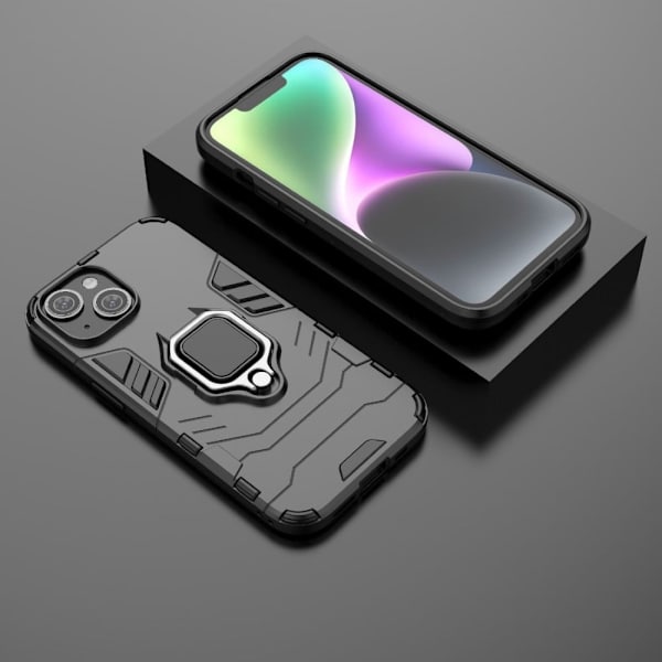 iPhone 15 Plus Ring Holder Kickstand Protective Cover Fleksibelt og stødsikkert telefonetui - Sort Black