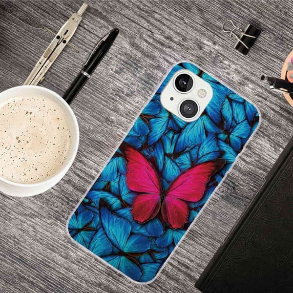 Butterfly iPhone 14 Plus nahkakotelo - Punainen Perhonen Blue