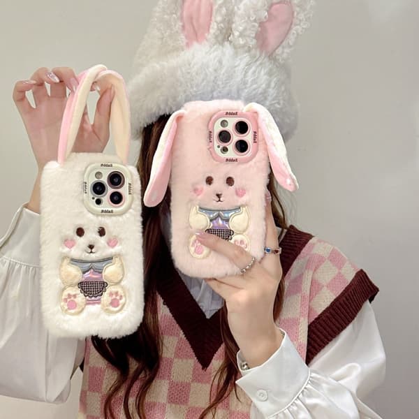 KJS-023 iPhone 15 Pro Max Case Cute Rabbit Lens Kickstand Flexible Warm Plush Handheld Phone Cover - White White