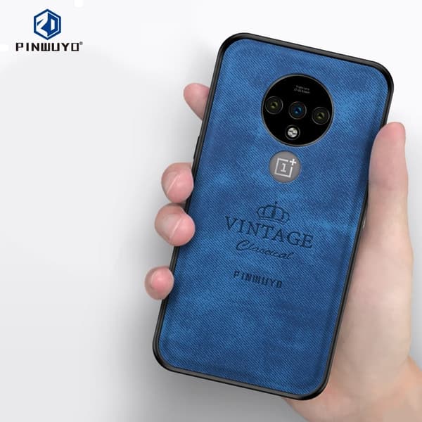 PINWUYO Honorable Series PC + TPU + Leather Hybrid Shell Phone Casing til OnePlus 7T - Blå Blue