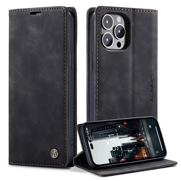 CASEME 013 Series Flip Wallet Case iPhone 14 Pro Max 6,7 tommer, magnetisk auto-absorberet stativ Drop-proof vegansk læder telefon cover - Sort Black