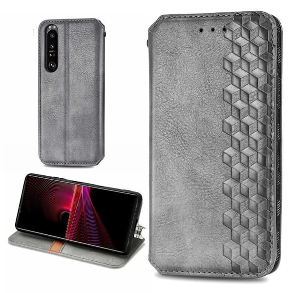 Nahkakotelo With A Stylish Rhombus Imprint For Sony Xperia 1 III - Harmaa Silver grey
