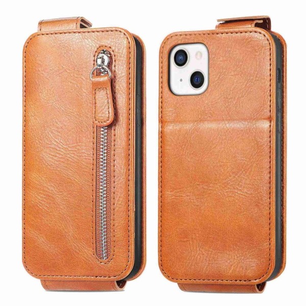 Vertical Flip Phone Suojakotelo With Zipper For iPhone 13 Mini - Ruskea Brown