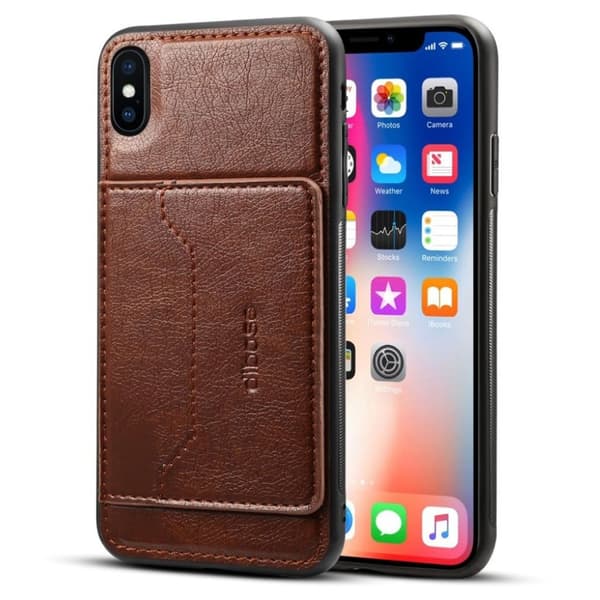 iPhone 9 Plus mobilskal plast syntetläder silikon korthållare stående - Kaffe Brun