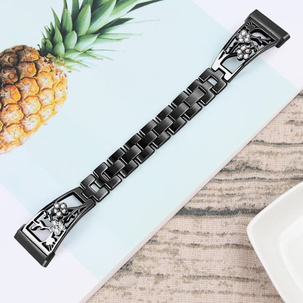 Fitbit Sense / Versa 3 rhinestone blomsterdekor rustfritt klokkerem - Svart Black
