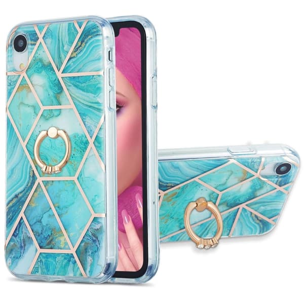 Marble Mønstret Deksel med Ring Holder til iPhone Xr - Blå Blue