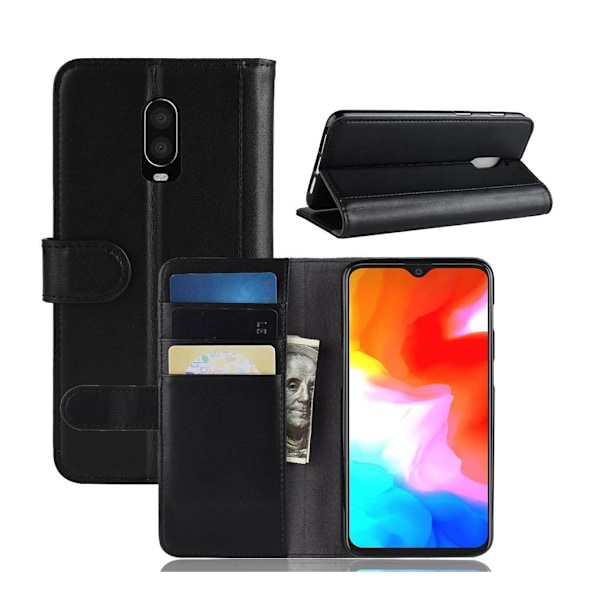OnePlus 6T mobiletui i splidtet læder med pung - Sort Black