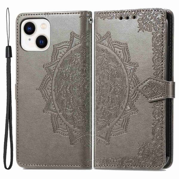 Mandala iPhone 14 Plus Flippetui - Grå Silver grey