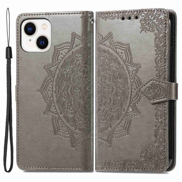 Mandala iPhone 14 Plus Läppäkotelo - Harmaa Silver grey
